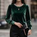 European and american style velvet base layer top - round neck, beaded embellishments, long sleeves with cuffed sleeves, elegant inner layer top - wholesale supply