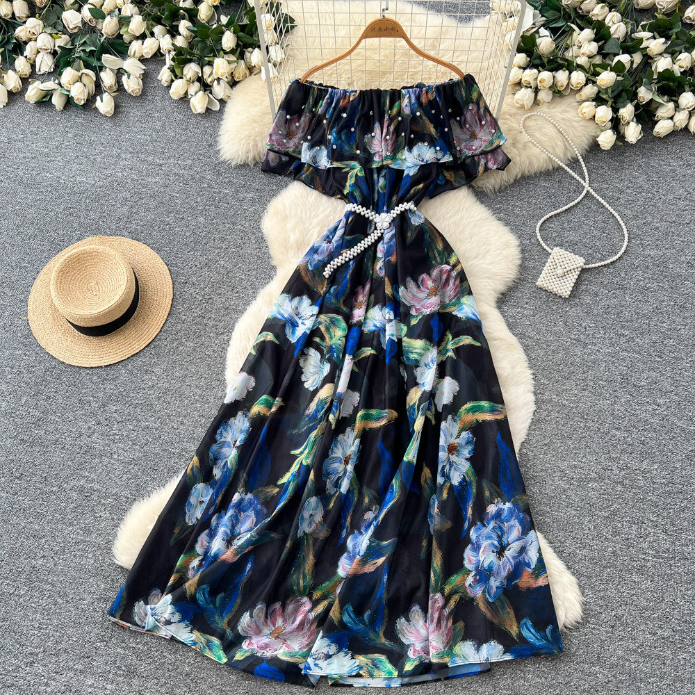 new women's summer sleeveless printed dress with pearl off-the-shoulder neckline, high-waisted a-line skirt, commute-friendly high street style