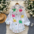 European and american style printed long-sleeve shirt for women - autumn flocked, rhinestone-embellished, loose fit, slimming, lightweight, designer top - trendy and chic