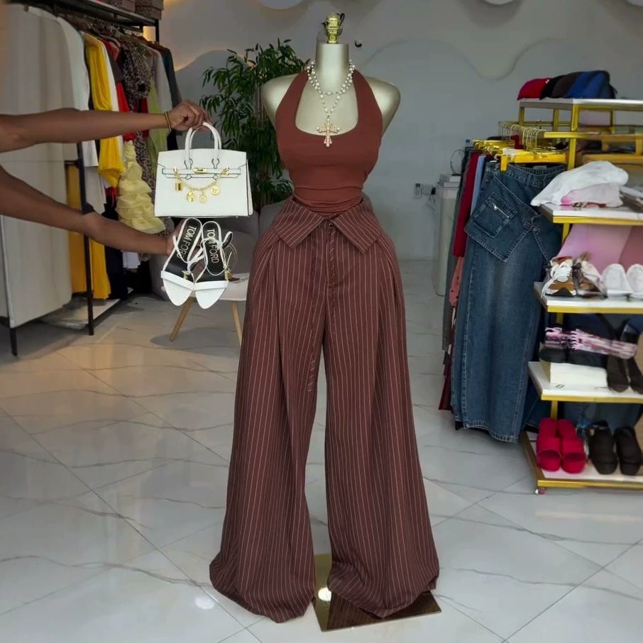 European and american cross-border women's fashion:  summer new arrivals - high-waisted, designer striped wide-leg casual pants with tie details