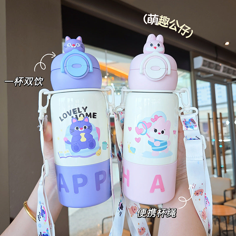 Creative double-drink kids' thermos: 316 stainless steel, one cup, three ways to drink, cute character straw cup, large capacity water bottle