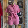 European and american cross-border women's fashion  summer new arrival: elegant sweet loose pink short-sleeve shirt and high-waisted shorts set
