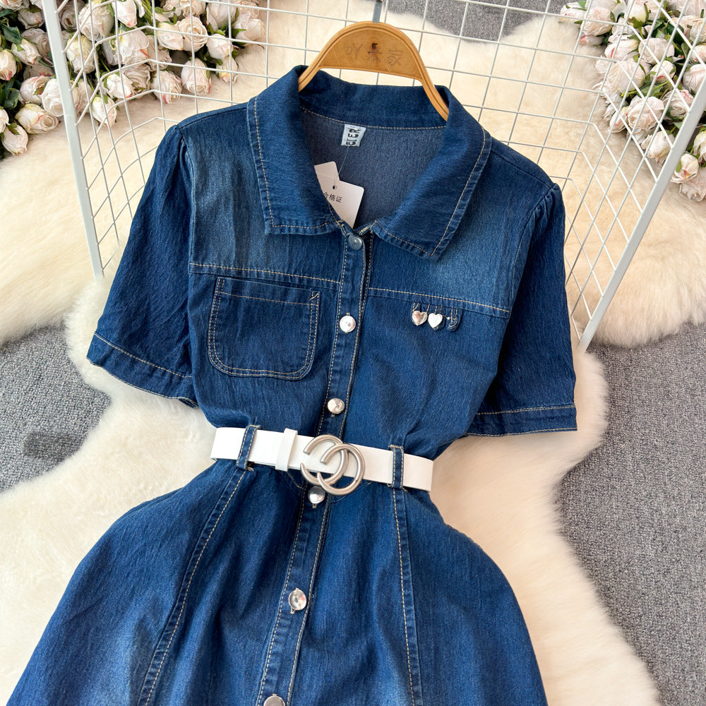 Petites short-sleeved denim dress women's summer 2024new arrivalelegantretroclassy waist slimming look long skirt
