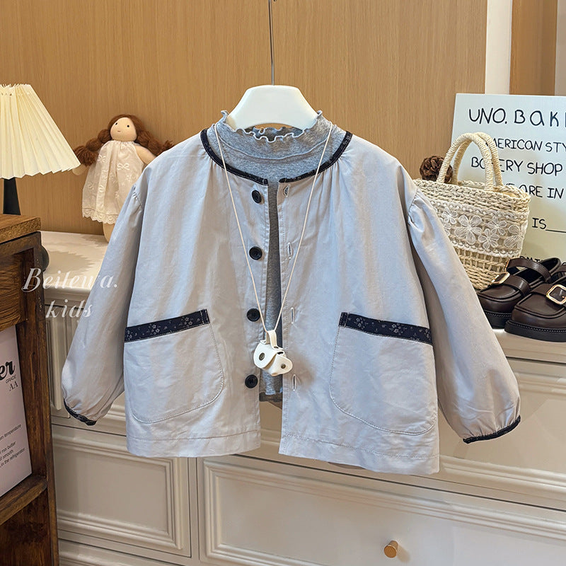 New girls' floral trimmed jacket - versatile, korean style, casual, fashionable, and stylish pure cotton outerwear for baby girls