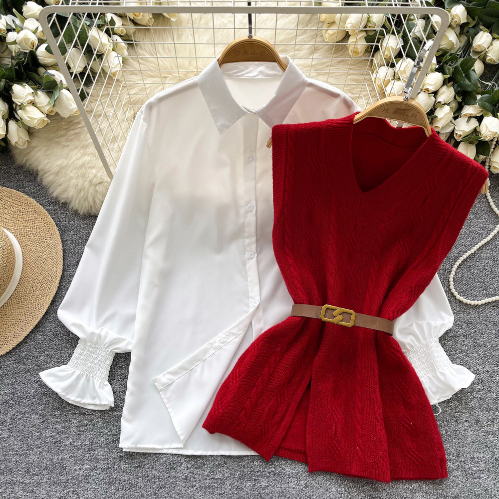 Korean style age-defying layered two-piece set: chic and versatile sleeveless slit knit vest with a stylish white long-sleeve shirt