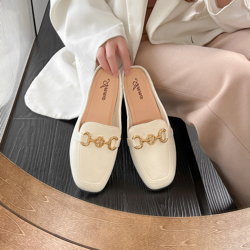 2025 summer fashion loafers: retro gold buckle pvc slip-ons with hidden wedge heel - women's comfortable half-slippers