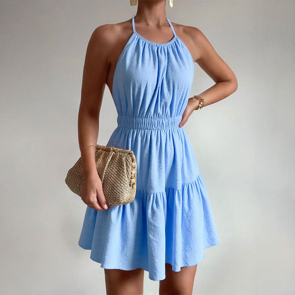 Shein independent station  women's clothing French sexy backless dress summer neck sweet temperament A-word short skirt