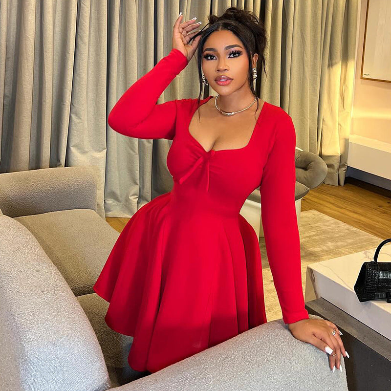 European and american style ins-inspired cross-border women's clothing: elegant, versatile, and fashionable a-line dress for going out, dating, and everyday wear. features pleated long sleeves and a solid color design