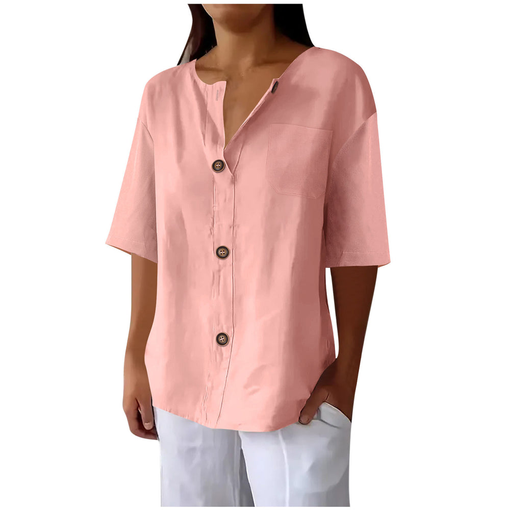 cross-border fashion summer new loose t-shirt women's v neck cotton and linen button tops