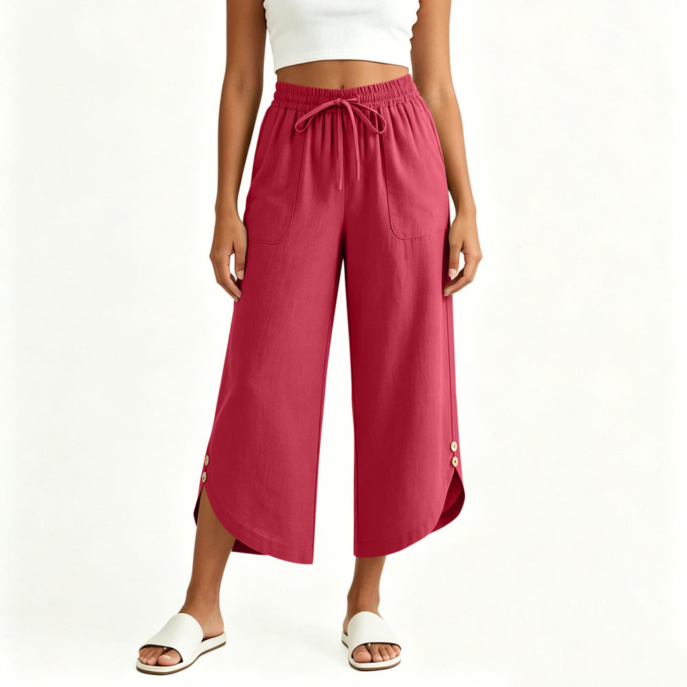 cross-border  women's summer lightweight solid color elastic waist drawstring pocket side button casual capri pants