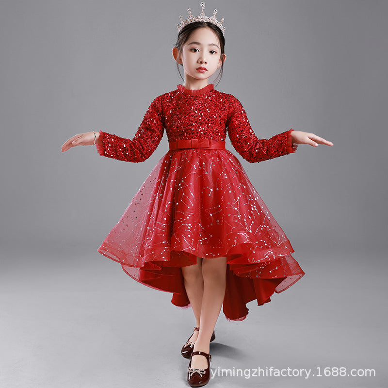 Ready-to-ship wholesale children's choir piano performance outfits, high-end formal dresses for girls, new trailing princess gowns for autumn and winter