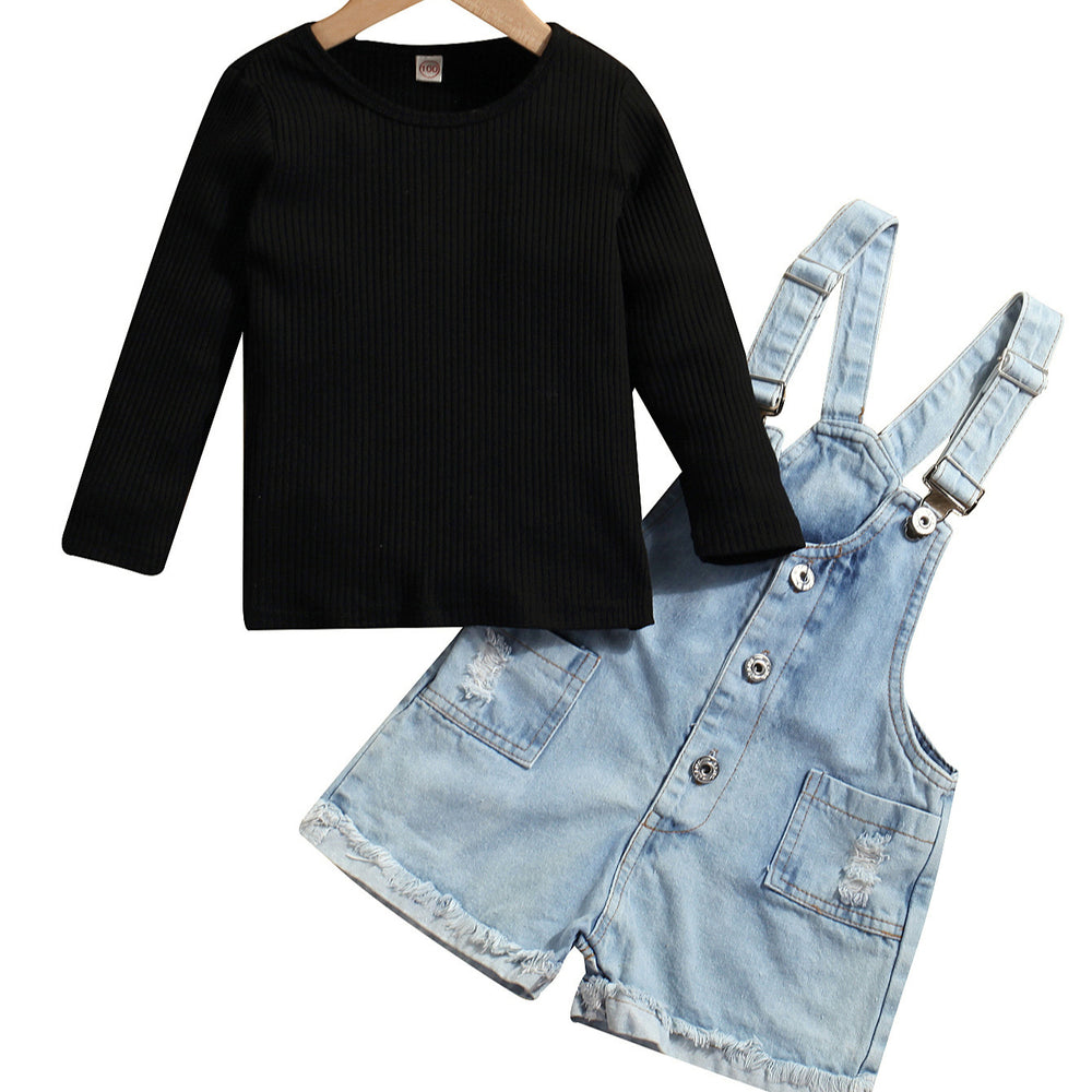 Fashion style cross-border new product girllong sleeves pit strip knitting bottom pullover shirt denim suspender shorts suit trendy