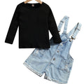 Fashion style cross-border new product girllong sleeves pit strip knitting bottom pullover shirt denim suspender shorts suit trendy