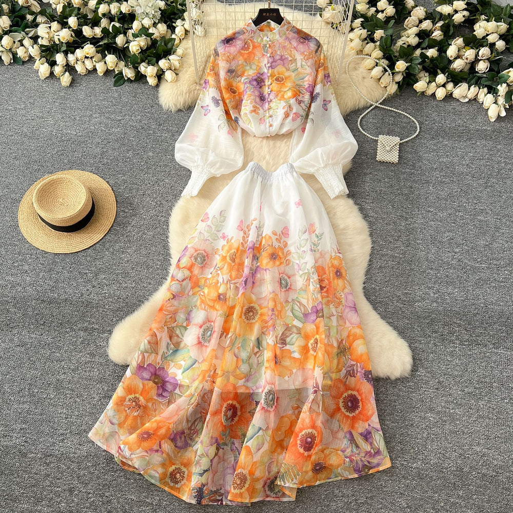 Fashion celebrity printingsuit women's vacation style stand collar lantern sleeve slimming lookshirthigh waist long skirt