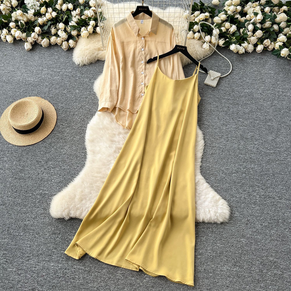 Eleganttwo-piece set women's niche style lazy style outer wear thin looselong sleeves sun protection shirt outwear + suspender dress
