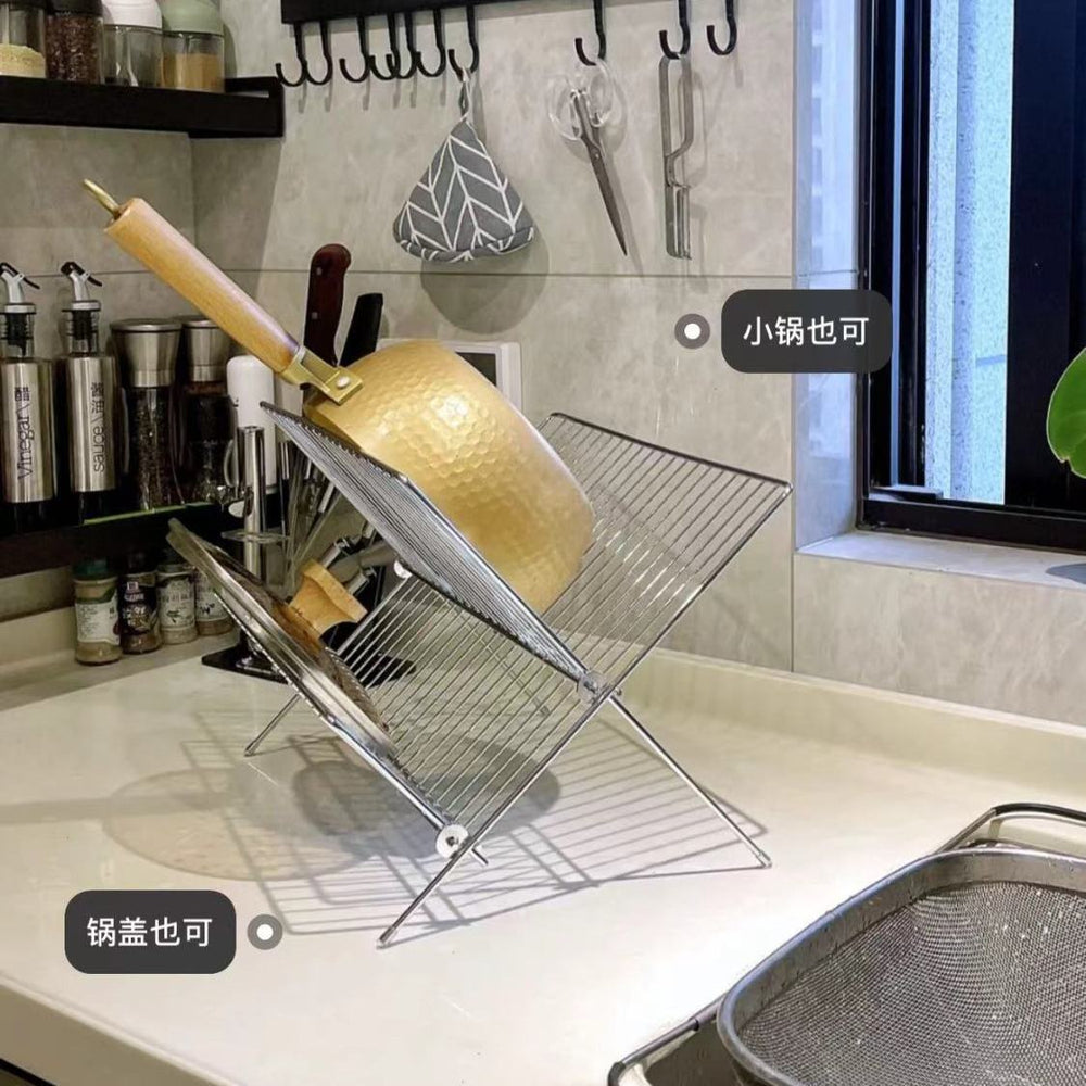 X-shaped foldable dish rack, double-layer kitchen drainer, countertop dish drying rack with water collection tray, kitchen utensil organizer