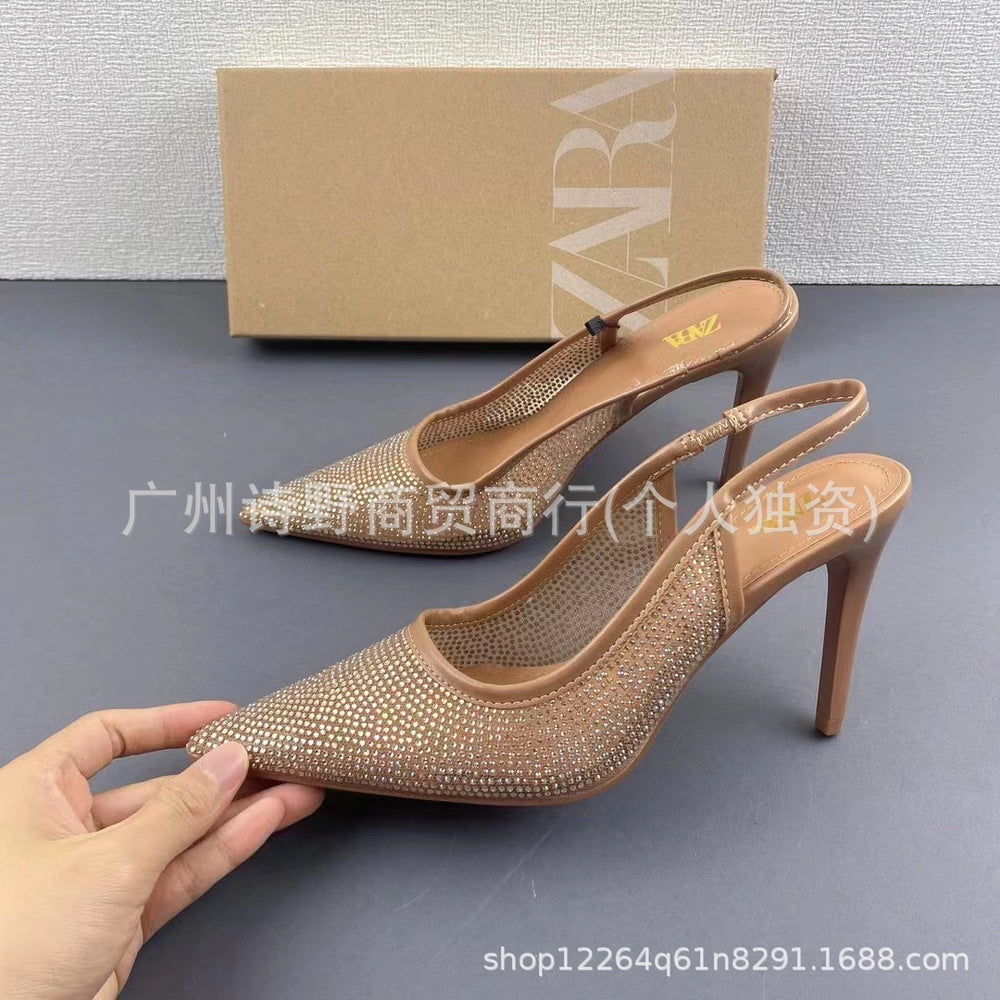 Za new 2024 summer pointed-toe slingback stiletto heel sandals - women's shiny rhinestone open-back fashion single strap sandals