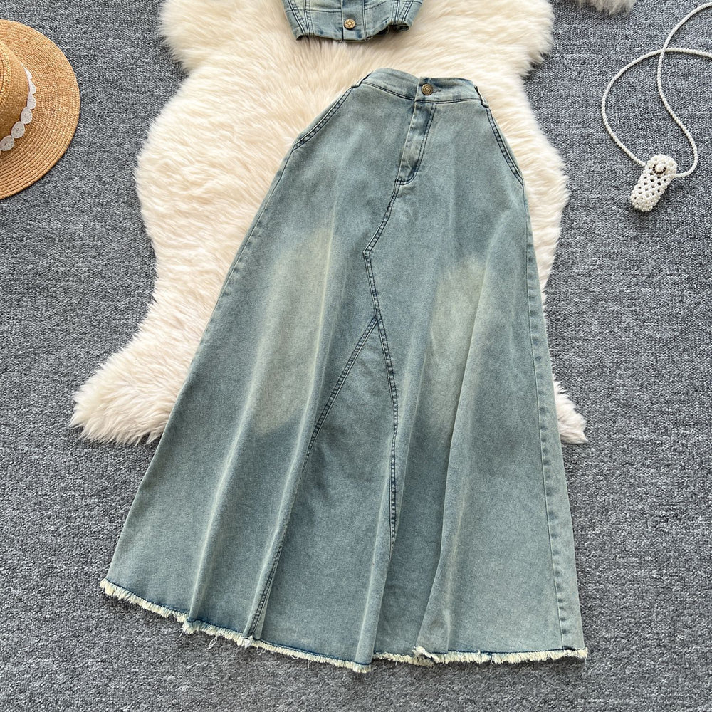 Summer outfit set for women: chic square neck puff sleeve cropped denim top + high-waisted flared midi skirt