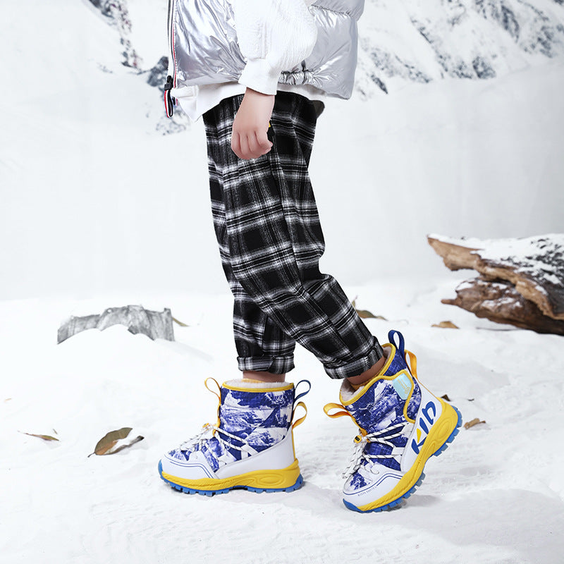 Children's snow boots winter new middle-aged and older children's outdoor velvet thermal cotton shoes high-top boys' Jinjiang boots