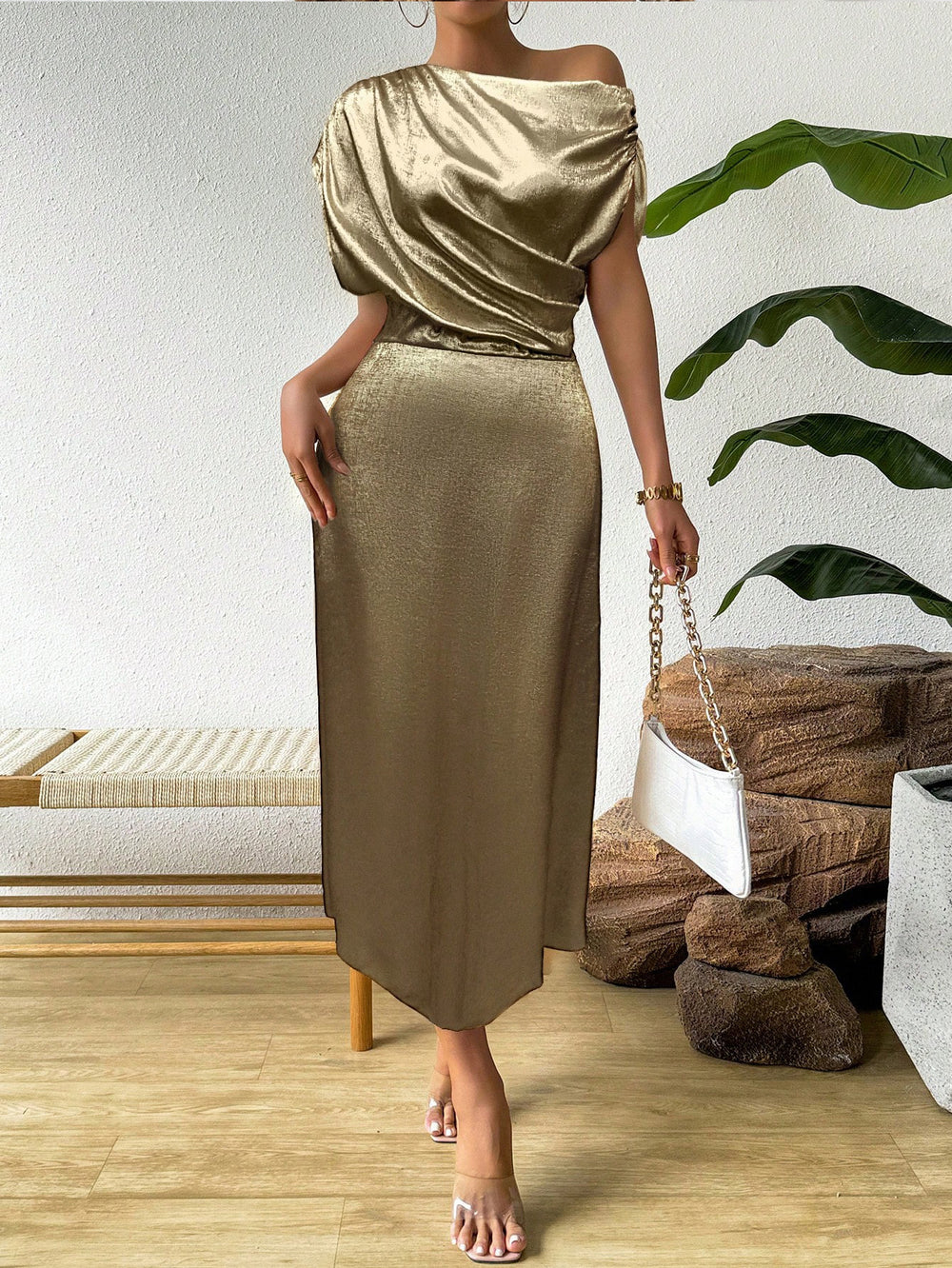 spring/summer european and american women's clothing cross-border  new style  solid color satin dress