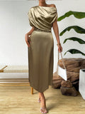 spring/summer european and american women's clothing cross-border  new style  solid color satin dress
