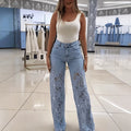 Fashionjeans women's high waistcut outlacepatchwork wide leg pantsexport washed elastic mop pants cross-border