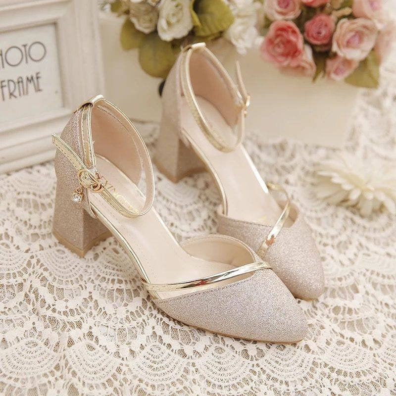 2021 summer new women's closed-toe sandals korean style pointed toe square heel chunky heel women's shoes one-strap buckle fashion sandals export