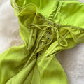 Vacation-ready dress:  summer french-inspired sexy bandeau dress - slimming, high-waisted, slit, ruffle-trimmed, asymmetrical maxi dress