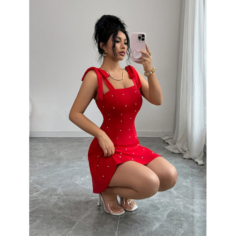 Women's summer fashion elegant solid color pearl embellished knitted mini a-line dress - perfect for going out and dating