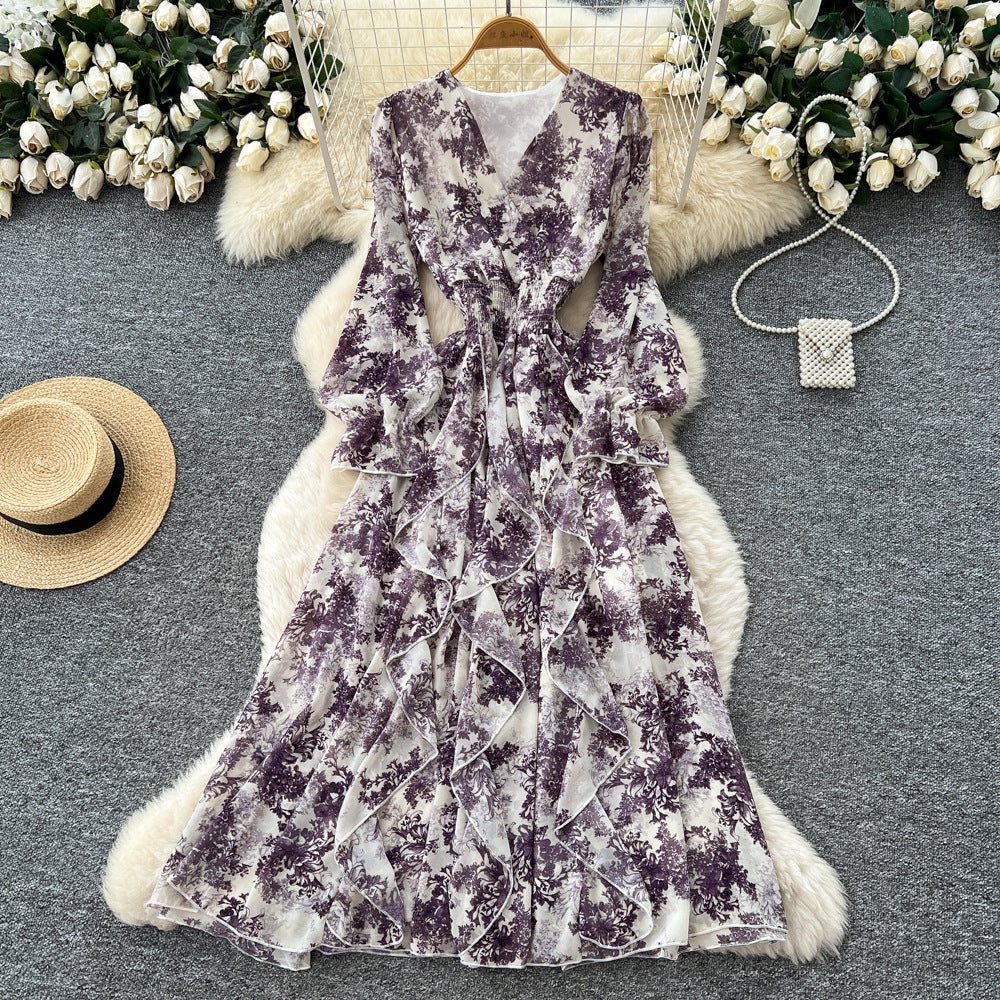 French retro v-neck long sleeve floral chiffon dress - women's  autumn collection - cinched waist, elegant ruffle hem maxi dress