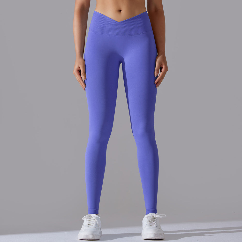 fashion seamless knitting breathable pure color cross waist peach hip yoga pants running fitness nine-point pants women