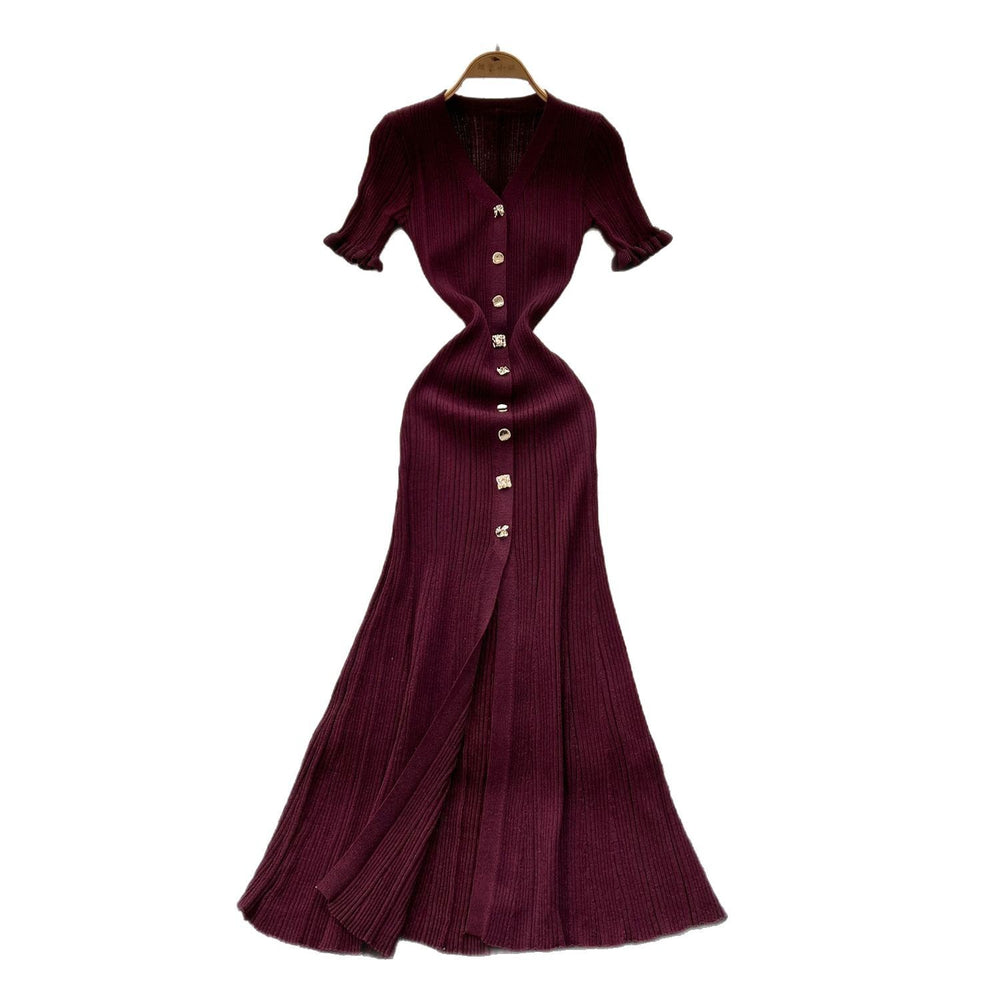 Elegant and sophisticated v-neck short-sleeve knit dress for women, perfect for summer. features a slimming, single-breasted design with a slit and shimmering silk details. a long, chic sweater dress