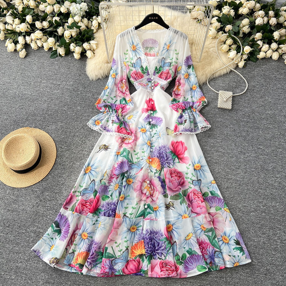 European and american niche resort style deep v-neck lace patchwork dress - women's high waist slimming ruffle hem printed maxi dress