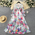 European and american niche resort style deep v-neck lace patchwork dress - women's high waist slimming ruffle hem printed maxi dress