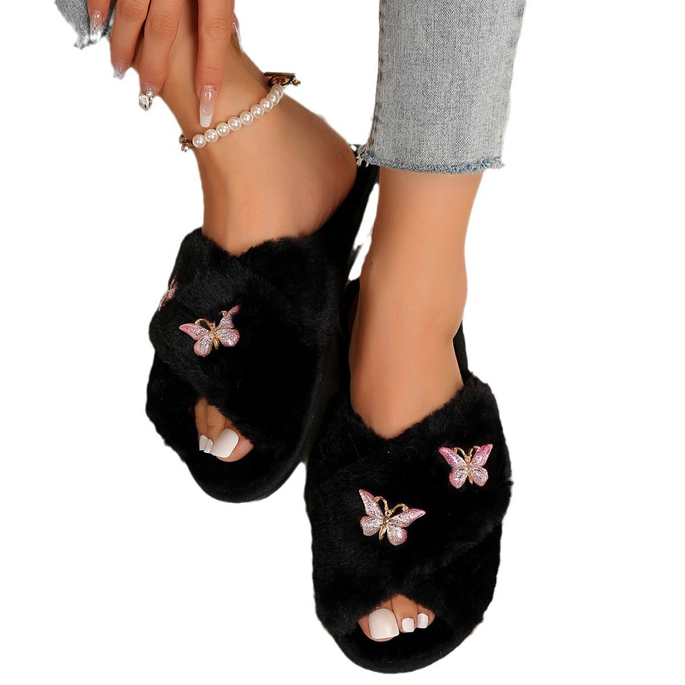 plus size couple cotton slippers open toe pink butterfly sweet cross slippers home indoor and outdoor slippers foreign trade manufacturer