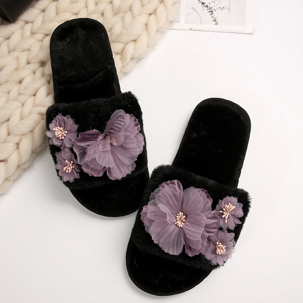 Popular thick sole furry slippers for women indoor and outdoor wear plus size 2024fall and winter large flower home fleece-linedheattech flip flops