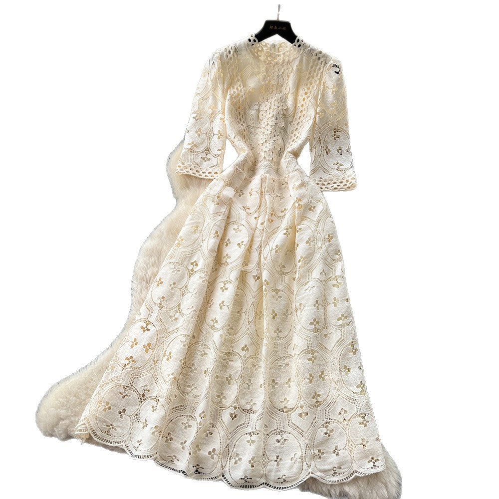 Frenchclassyelegant heavy industry cut out crochet half length sleeve dress women's autum waist slimming lookelegance long skirt