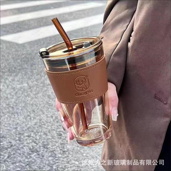 Internet celebrity high value bamboo cup ins portable coffee cup with lid straw cup creative office glass straw cup
