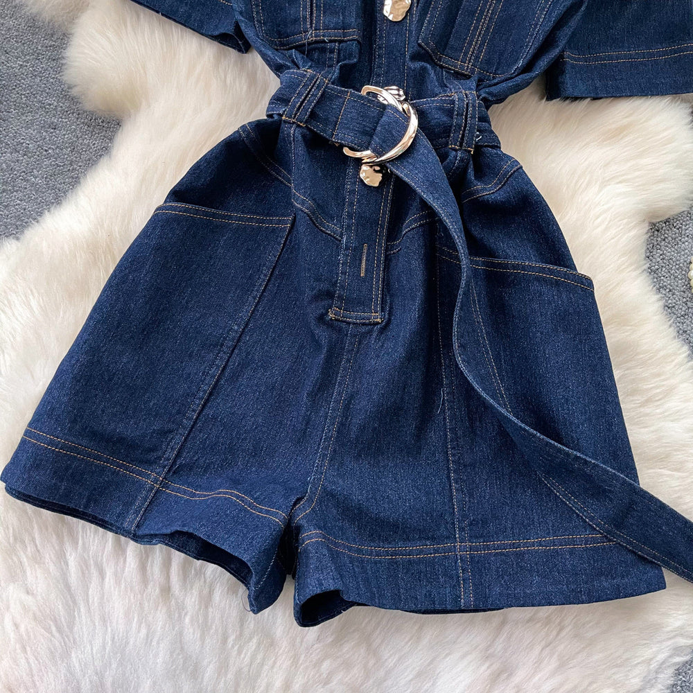 Korean style commute-inspired denim jumpsuit: high-waisted, slim-fit, metallic buckle detail, multi-pocket design