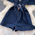 Korean style commute-inspired denim jumpsuit: high-waisted, slim-fit, metallic buckle detail, multi-pocket design