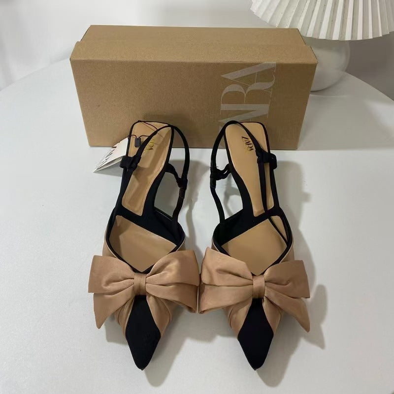 Za new premium french heel women's shoes - pointed toe, bow accent, color block, low-cut, back strap, open heel sandals