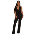 C7329 cross-border   fashion women's strappy sexy deep v halter neck solid color jumpsuit new