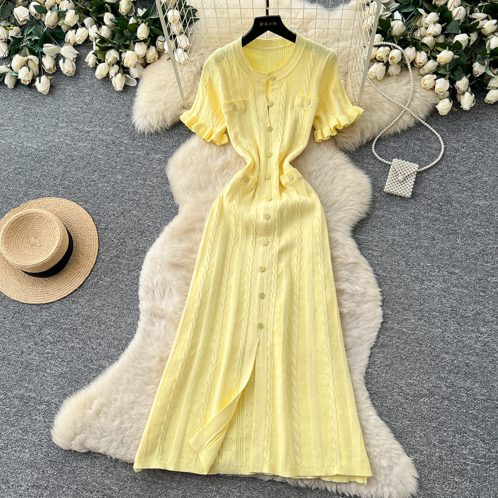 Export french tweed styleclassyfashionable buttoned silm short-sleeved knittingdress women's summer waist elegant