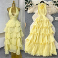 Frenchelegant atmosphere deep v neckhalter strap backlessdress women's waist slimming lookruffles suspender skirt