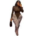 European and american cross-border women's fashion:  spring new arrival - elegant round neck, slim-fit, panelled, pleated, bodycon maxi dress