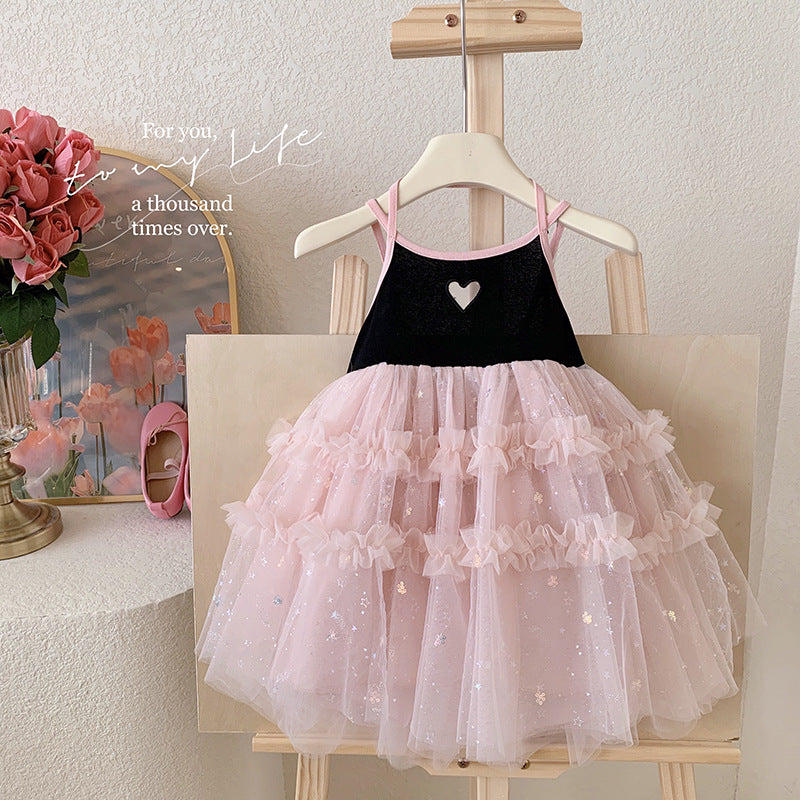 Korean style summer girls'  new fashionable baby girl chic heart mesh dress backless tank dress trendy