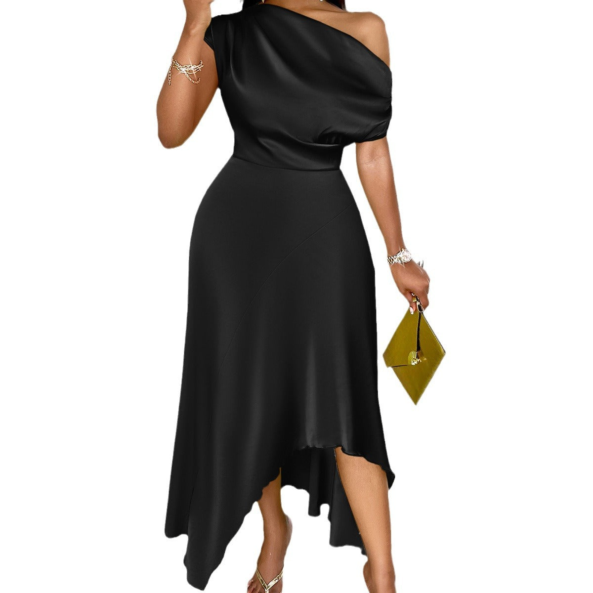 Summer 2024 Independent Station TEMU Cross-border Explosive Women's Clothing Casual European and American Solid Color Slash Shoulder Asymmetrical Dress Women