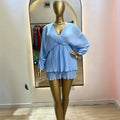 supply v neck pleated chiffon bat sleeve elastic waist free size short skirt dress