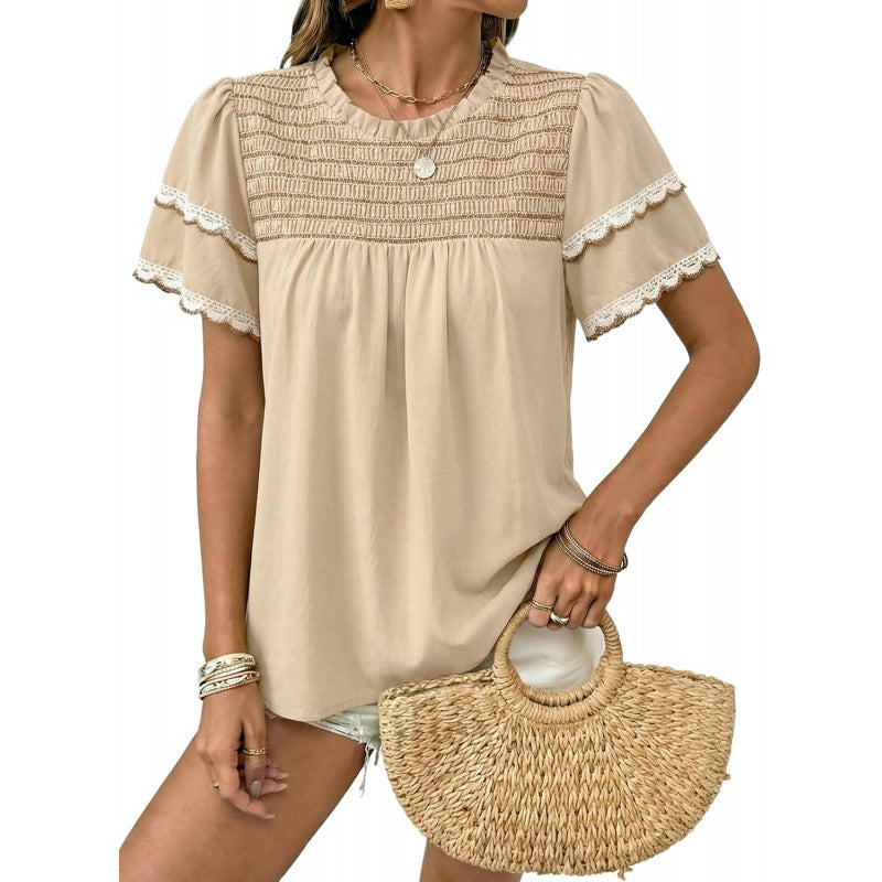 Amazon round neck ruffle short sleeve shirt women's  summer new casual bohemian style top