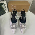 Za2024 new summer pointed-toe chanel-style canvas rhinestone square buckle embellished low-cut slingback sandals for women